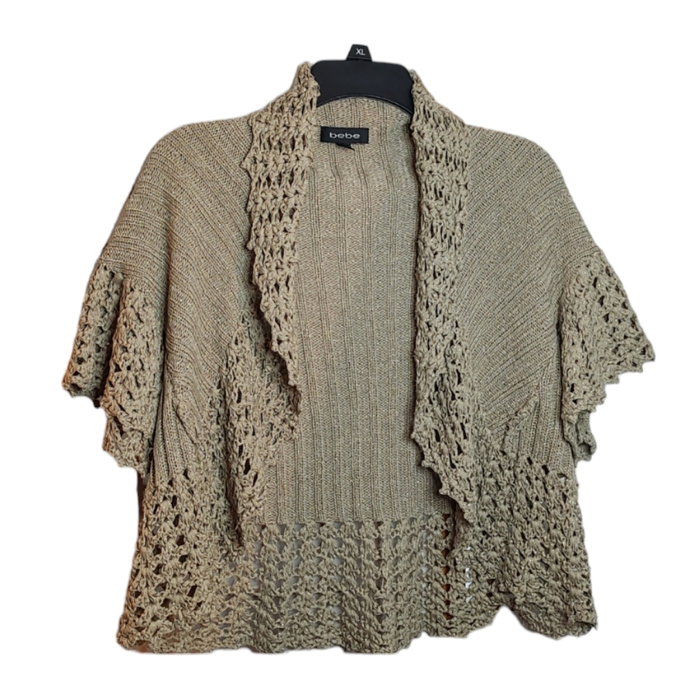 Glitzy BeBe Taupe Cropped Shrug / Sweater w/ Gold Threads sz Small
